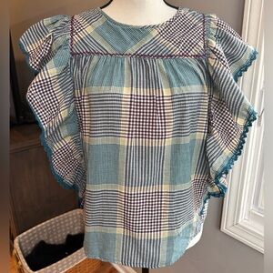 World Market Plaid Flutter Sleeve Smocked Blouse Crochet Trim Cottage Boho S/M